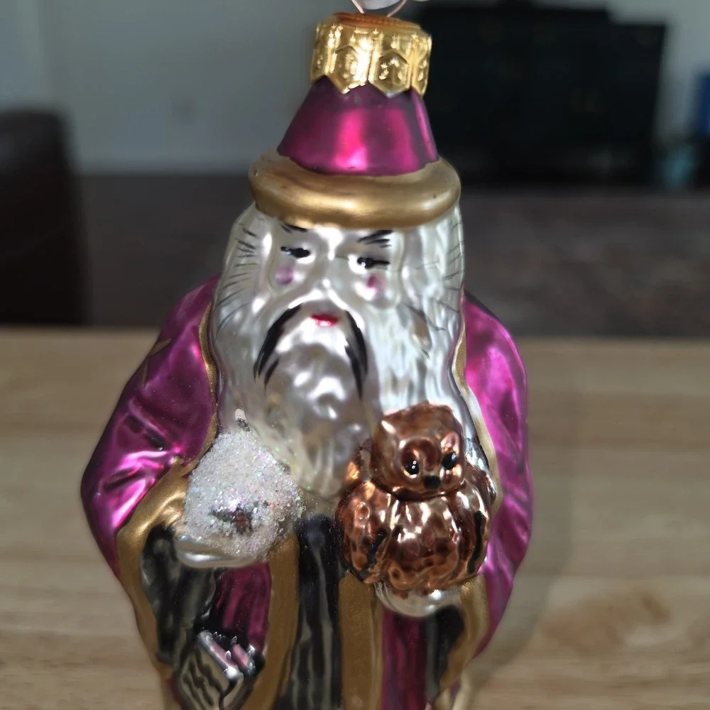 Blown Glass Confucius Santa Ornament: Purple and Gold Wizard Holiday Tree